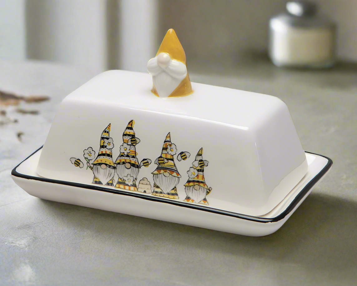 Ceramic Honey Bee Gnome Butter Dish