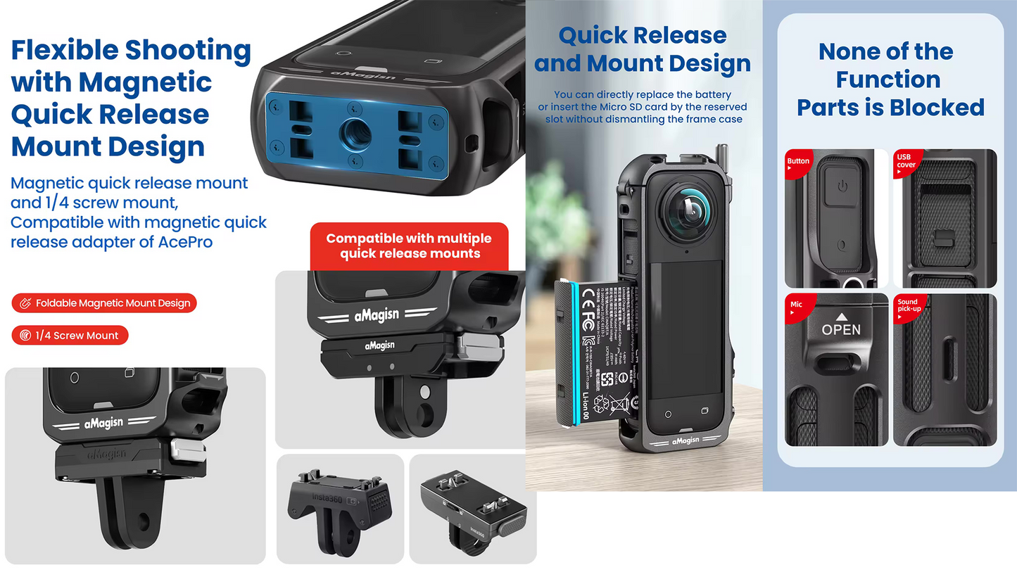 aMagisn Quick Release Metal Frame Cage for Insta360 X4