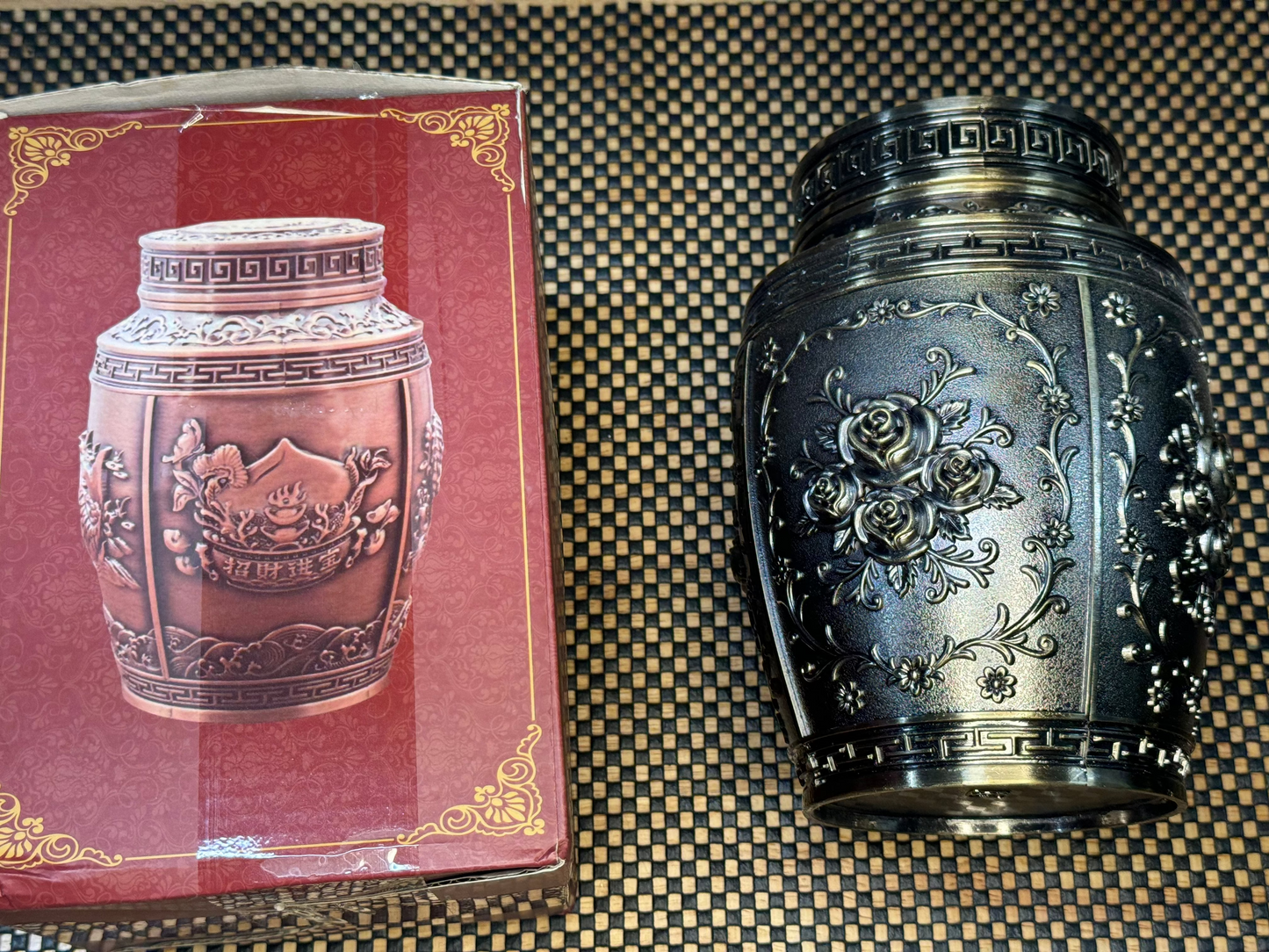 Cremation Urn - Rose Embossed Metal Beautiful Rose Relief 12 x 12 x 18 cm